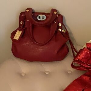 Badgley Mischka Deep Red Leather Handbag Shoulder Bag